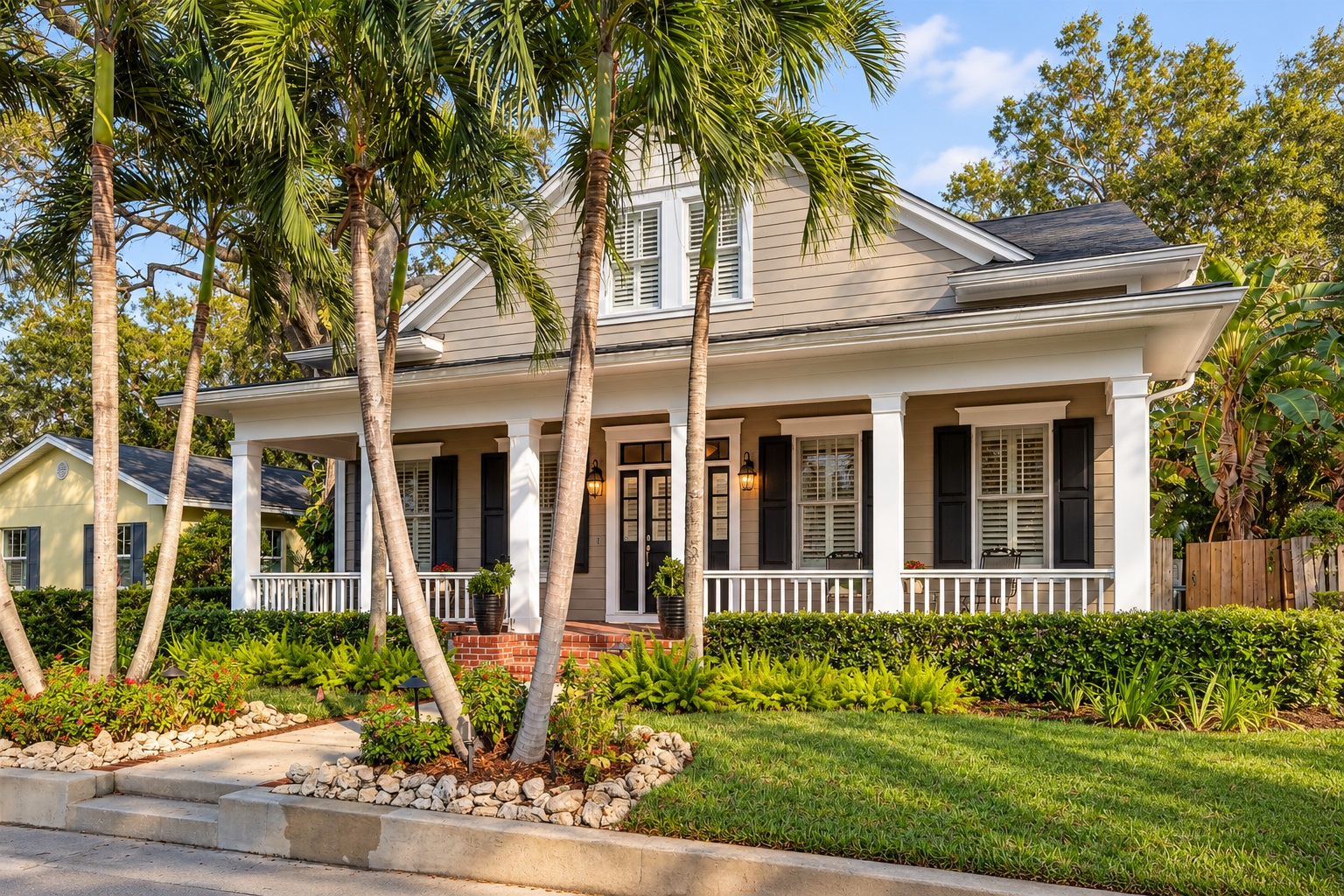 Florida home with a covered porch, palm trees and mature landscaping