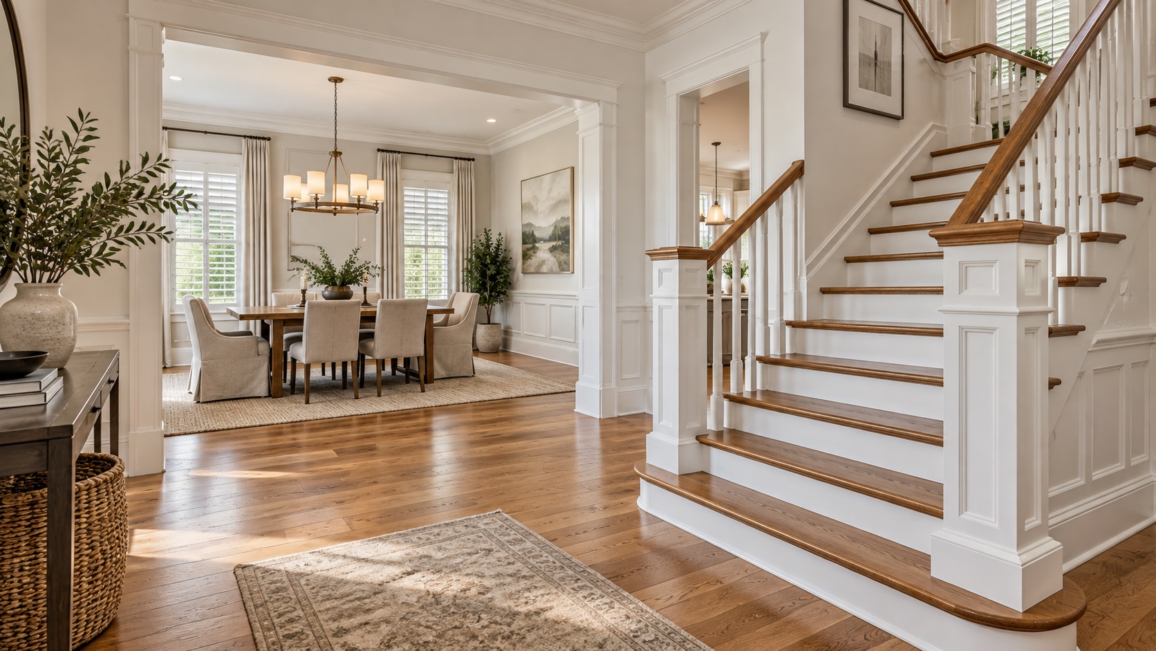 Elegant home interior with wood floors, staircase and white millwork