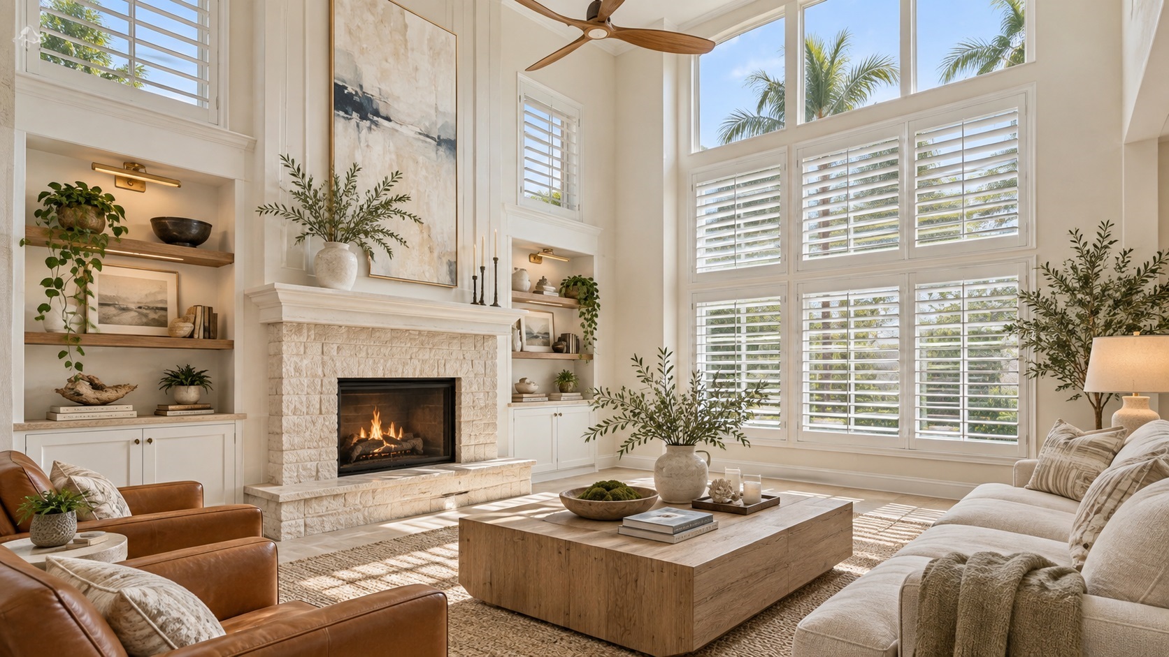 Upscale living room with fireplace, tall windows and plantation shutters