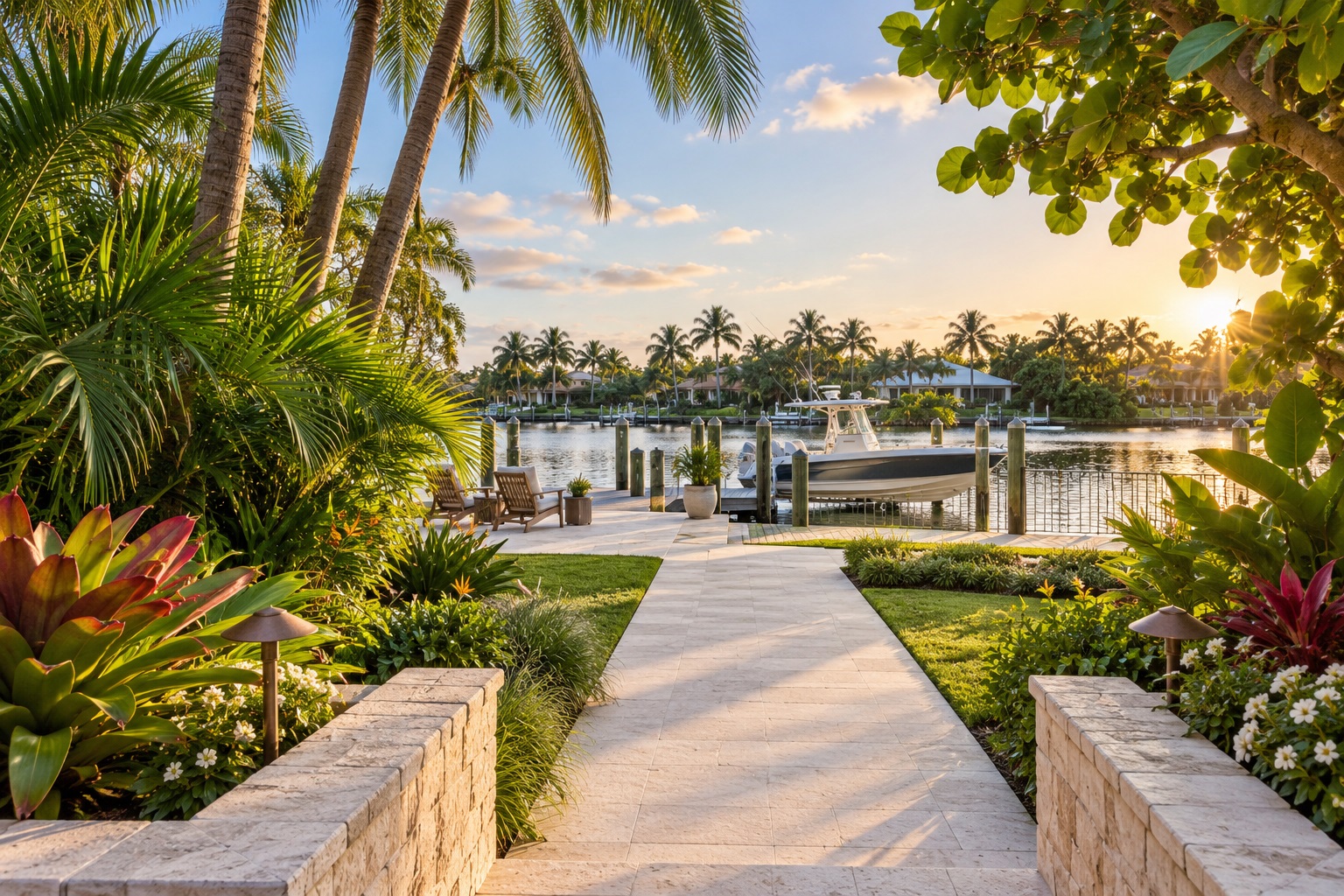 Waterfront backyard with palm trees, a boat and sunset over the water