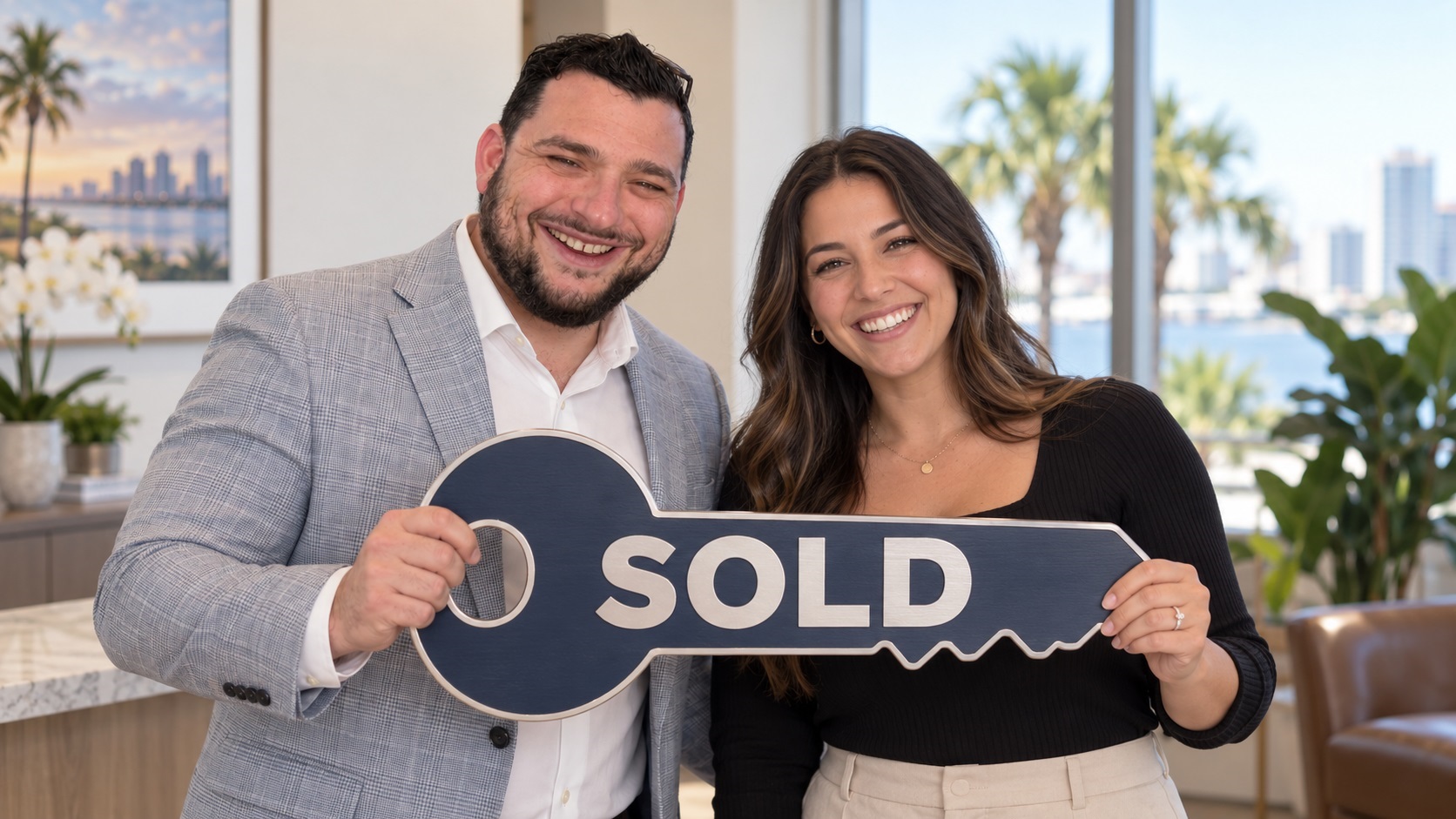 Scott Mayhew with a client holding a SOLD key after a home closing