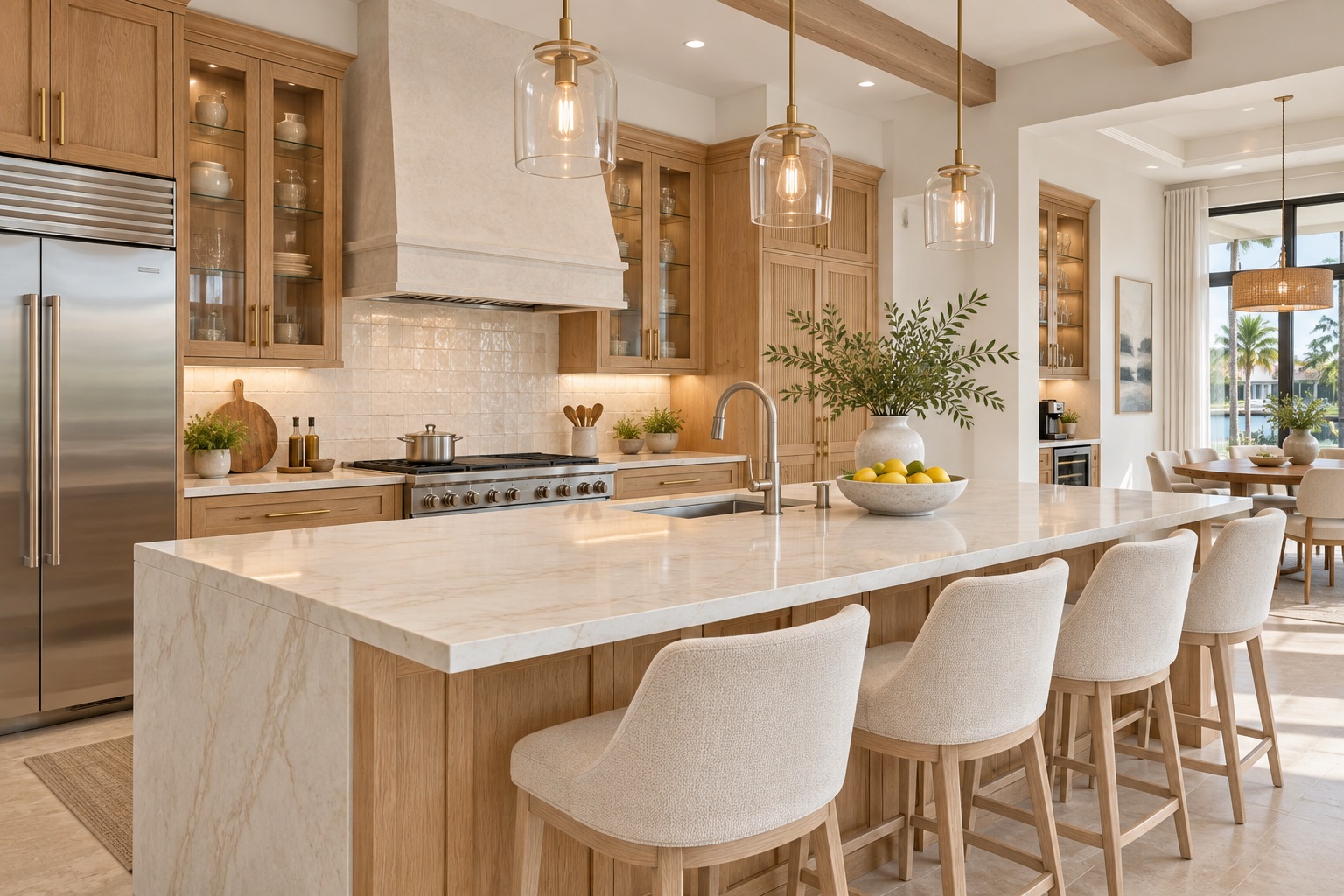Luxury kitchen with wood cabinetry and a large marble island